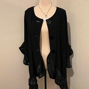Ali Miles Black Deconstructed Cardigan, lace insets, flouncy sleeve, size 1X